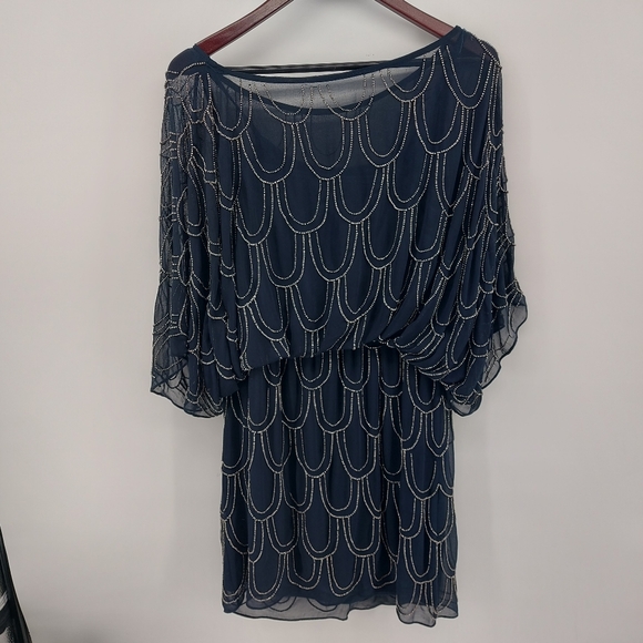 JS Collections Beaded Blouson Chiffon Dress Size 16 Navy/Silver - Picture 4 of 6